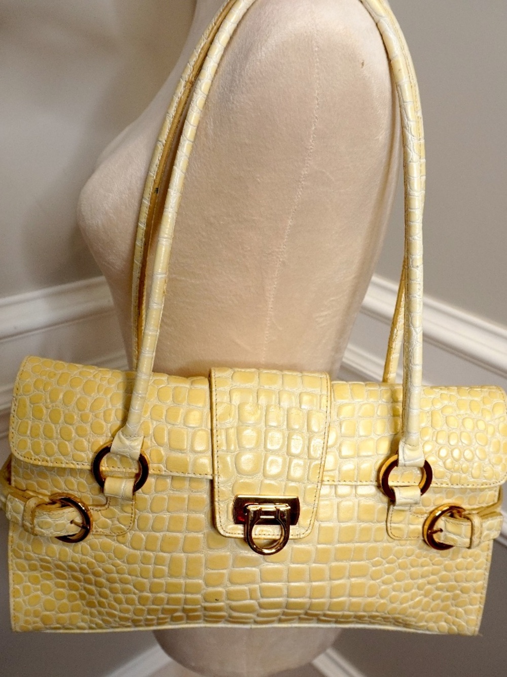 Lord & Taylor Croc Yellow Leather Shoulder Bag